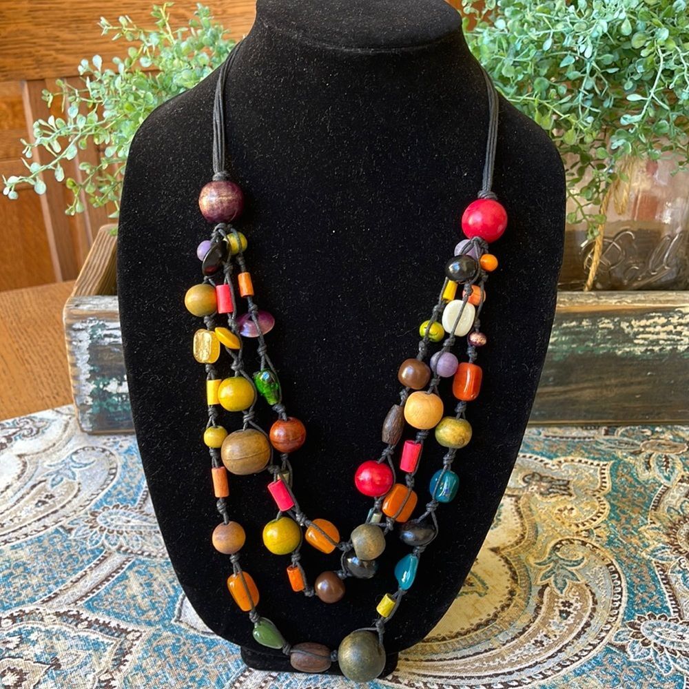 Rainbow Wood Glass Bead Necklace Corded Boho Multistrand Hand Crafted